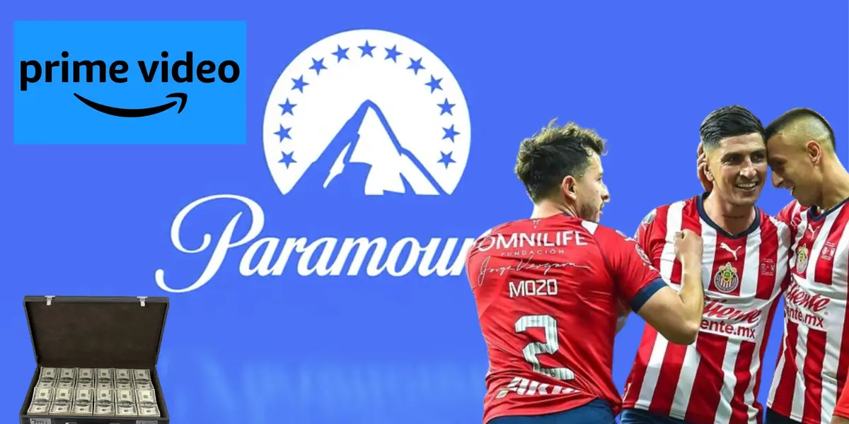 Jugadores de Chivas celebrando, logo de Paramount y prime video y maletín con dinero