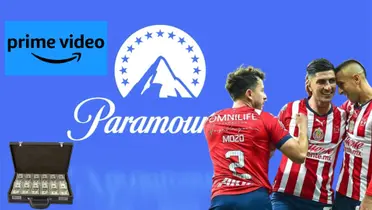 Jugadores de Chivas celebrando, logo de Paramount y prime video y maletín con dinero