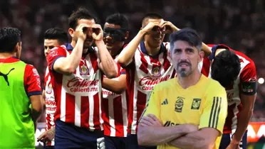 Jugadores de Chivas celebrando y Pauno con Tigres