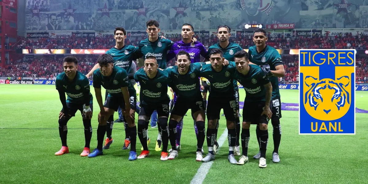 Jugadores de Chivas en la foto y el logo de Tigres