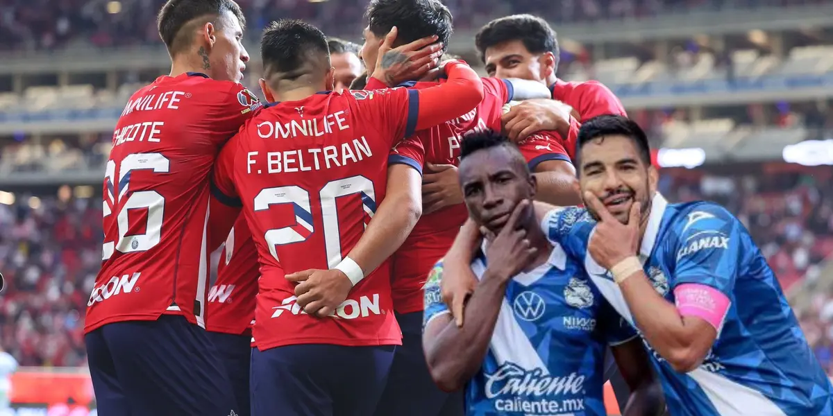 Jugadores de Chivas festejando y jugadores de Puebla