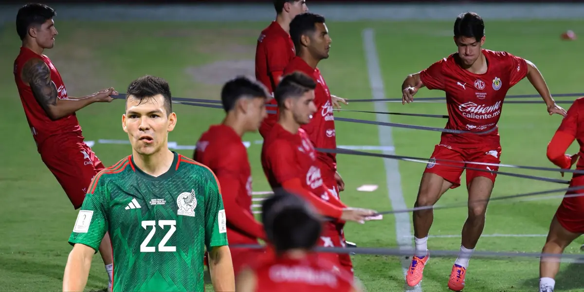 Jugadores de fondo en entreno, foto de Chivas, con Lozano al frente