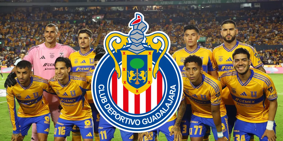Jugadores previo a partido, foto de Tigres, con escudo de Chivas