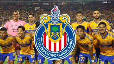 Jugadores previo a partido, foto de Tigres, con escudo de Chivas