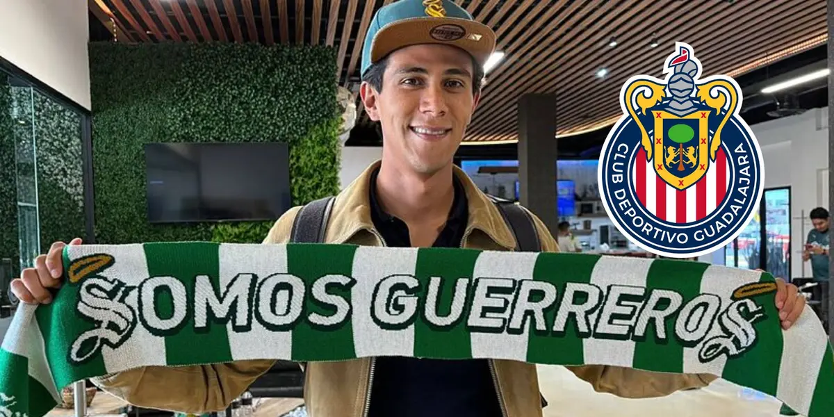 Macías con los colores de Santos y el escudo de Chivas