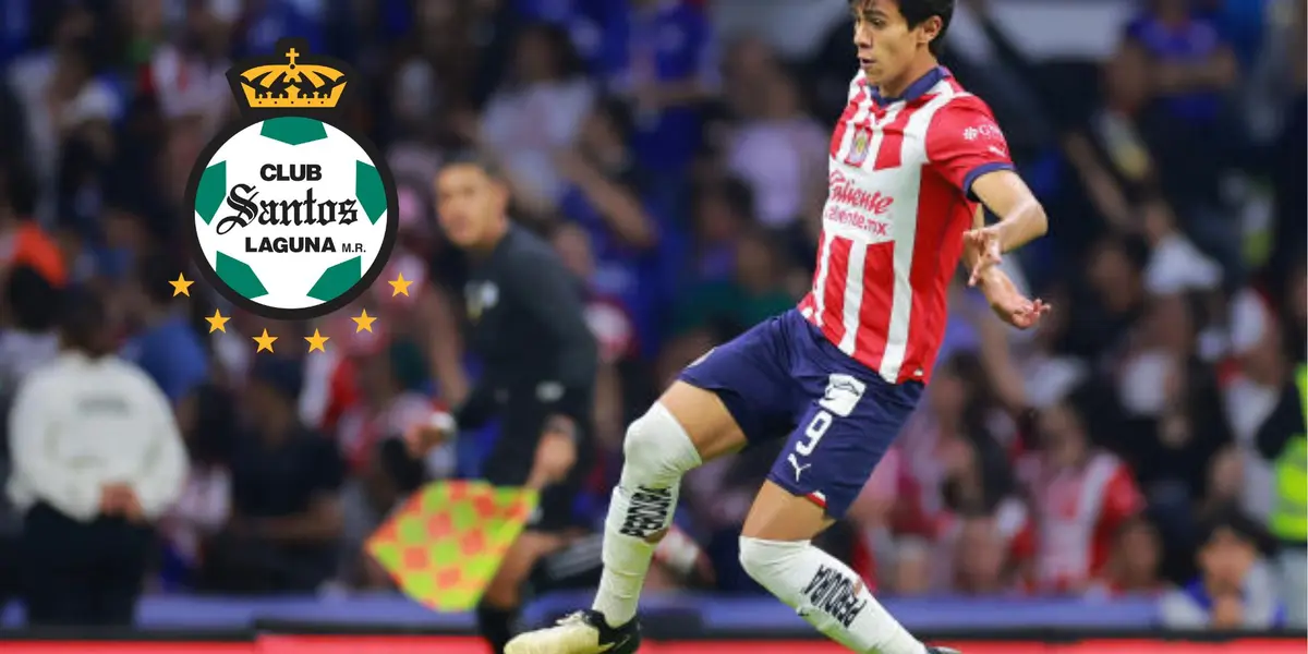 Macías en partido con Chivas y el escudo de Santos