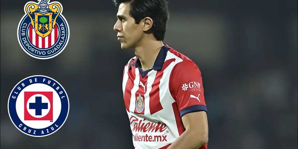 Macías mirando escudos de Chivas y Cruz Azul