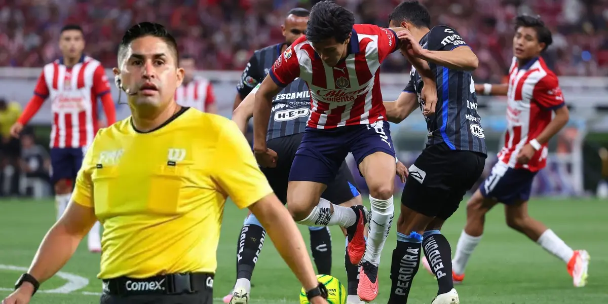 Macías peleando el balón vs Gallos y el árbitro central