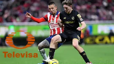 Piojo Alvarado disputando el balón con Marcel y logo de Televisa