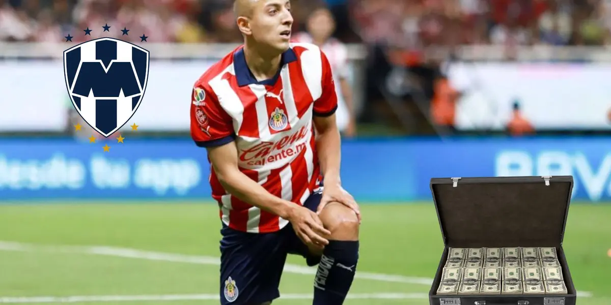 Piojo en partido con chivas y el escudo de rayados y maletín con dinero