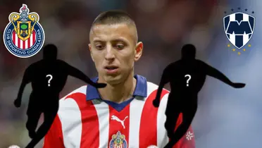 Piojo y dos jugadores secretos y los escudos de Chivas y Monterrey