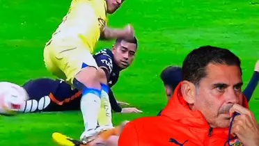 Pisotón de Jonathan dos Santos a jugador de Pachuca, a la derecha Fernando Hierro / Captura TUDN