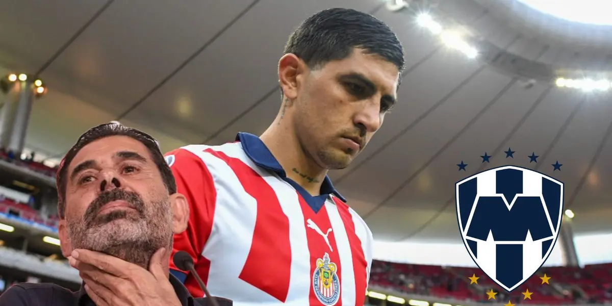 Pocho Guzmán mirando al suelo, Hierro y el logo de Rayados