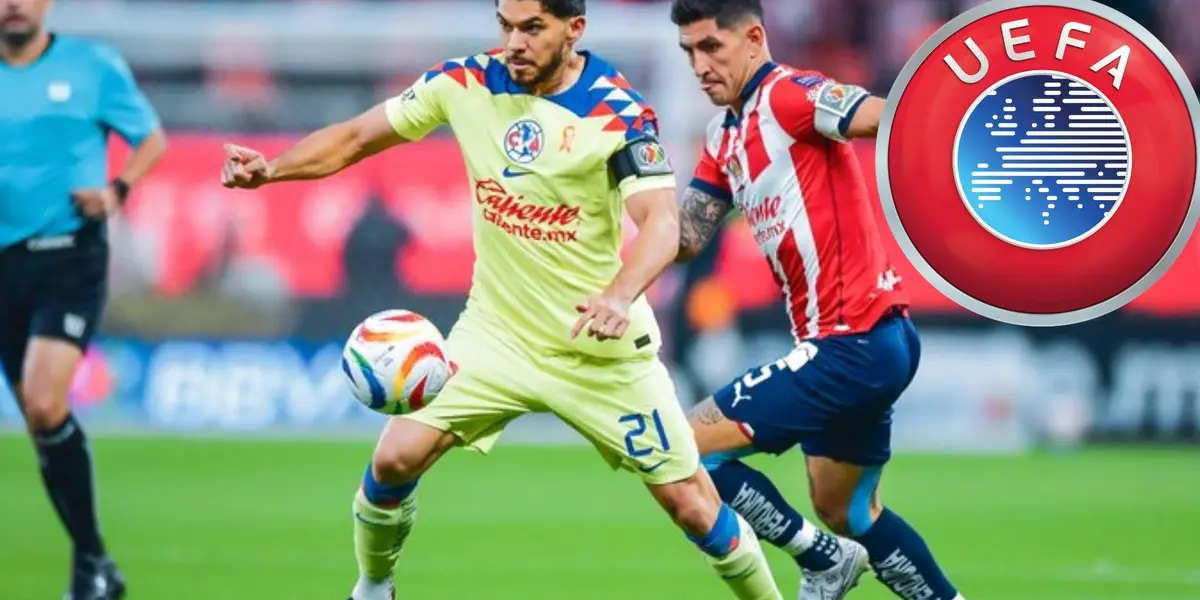 Pocho y Henry disputando un balón y el logo de la UEFA