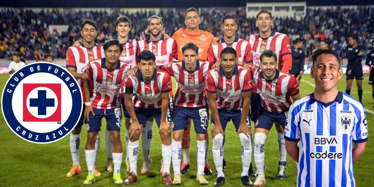 Romo con la de Monterrey y jugadores de Chivas con el escudo de Cruz Azul