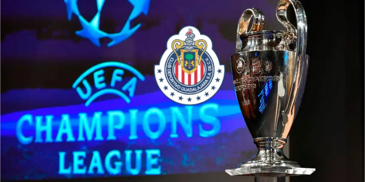Trofeo de la Champions League en la derecha, a la izquierda escudo de Chivas / UEFA