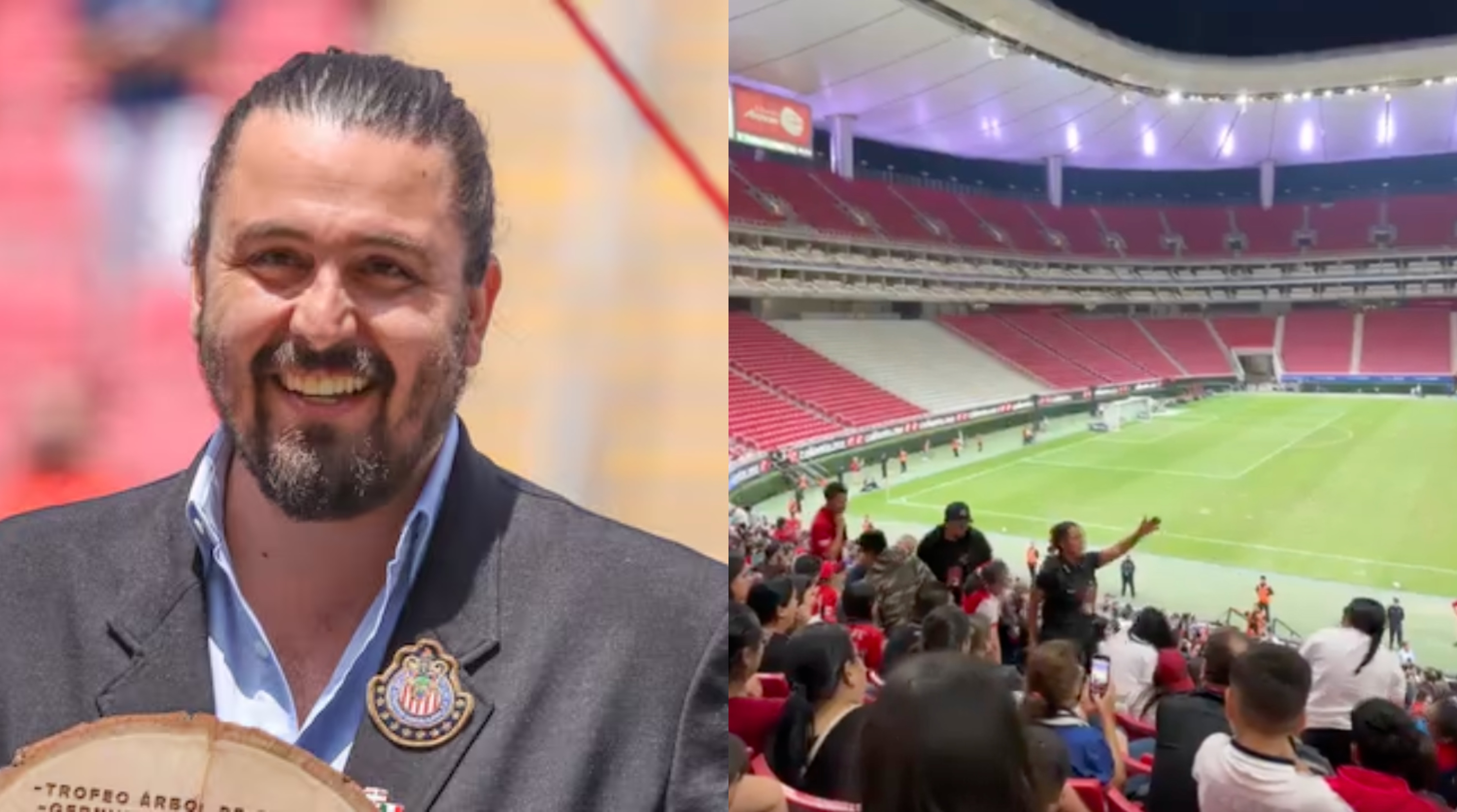 Amaury Vergara recibe un premio, a la derecha, gente de seguridad saca a aficionados que protestan (Fuente: Chivas y Andrea Valle)  