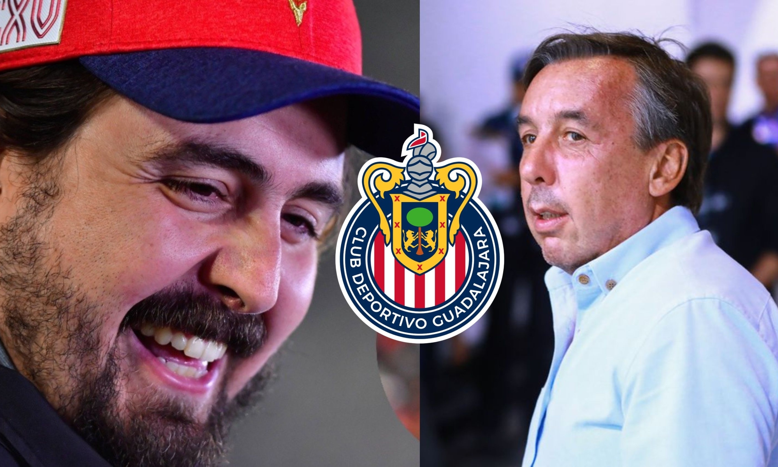Amaury Vergara sonríe, en el medio escudo de Chivas y Emilio Azcárraga mirando / Somos Chivas 