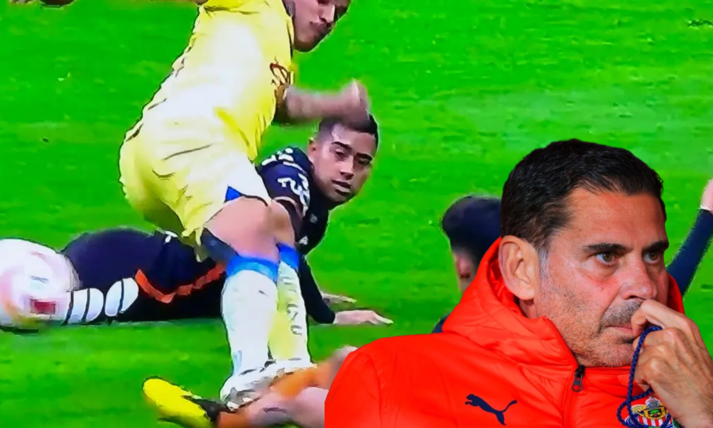 Pisotón de Jonathan dos Santos a jugador de Pachuca, a la derecha Fernando Hierro / Captura TUDN